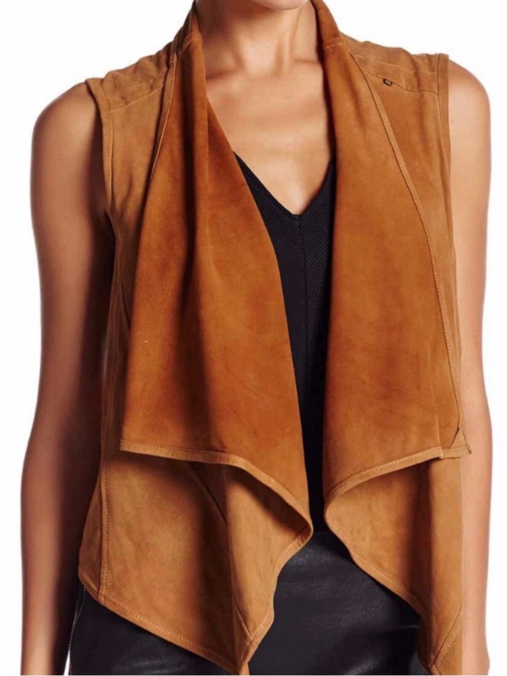 Lamarque Tan Suede Draped Open-Front Vest